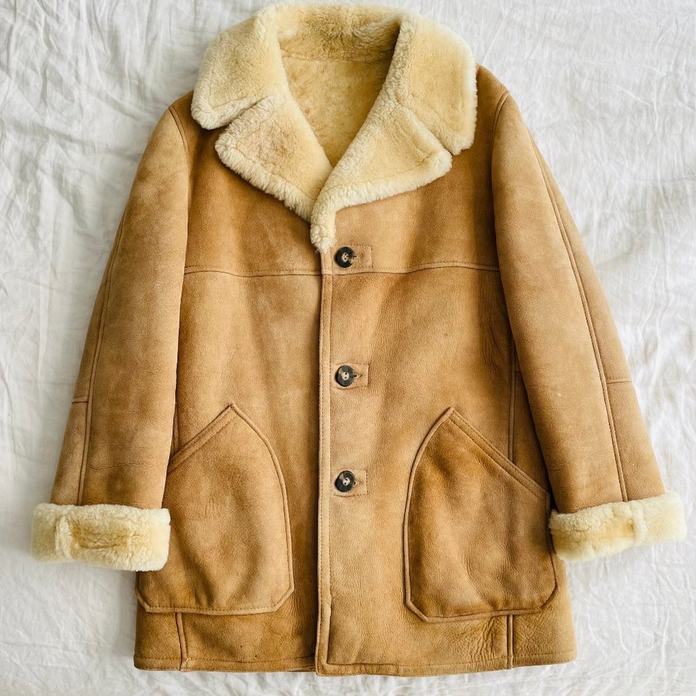 Shearling ranch coat, vintage, fluffy soft tan suede, unisex size 40